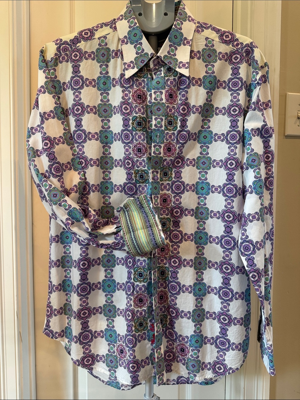 Robert Graham White Button-Down Shirt with Purple & Teal Geometric Print